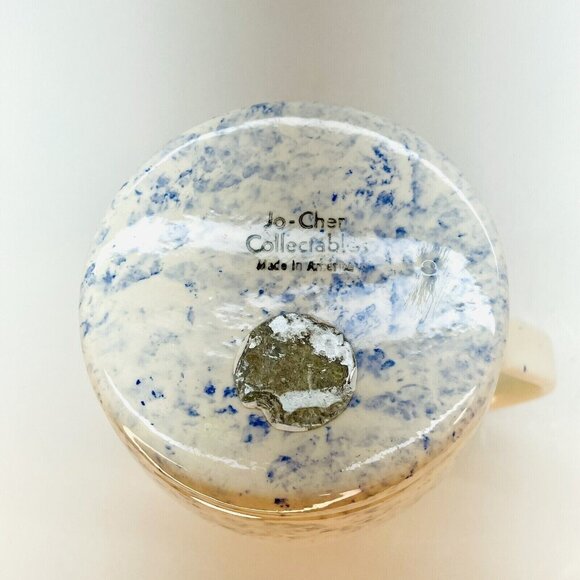 Jo-Chen Blue White Pottery Pitcher Hand Painted Blue Trim Red Hearts USA - Picture 6 of 10